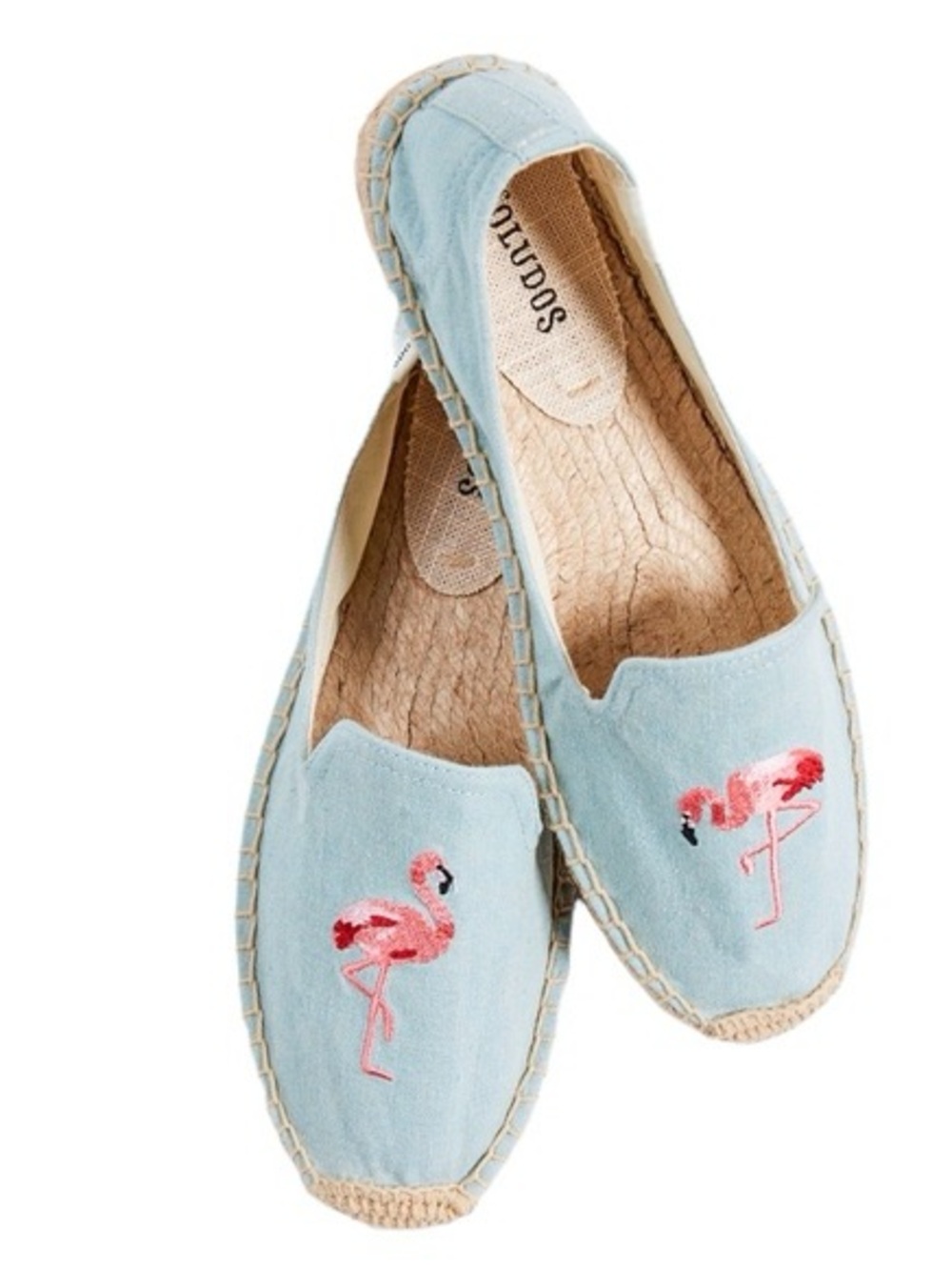 Soludos Light Blue Canvas Espadrilles‎ with Pink Flamingo Embroidery